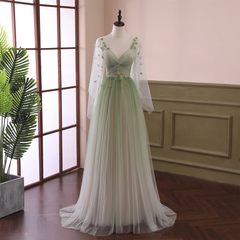 Beautiful Gradient Tulle Green Beaded Long Sleeves Party Dress, Green Formal Dress