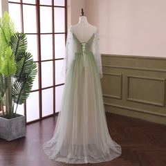 Beautiful Gradient Tulle Green Beaded Long Sleeves Party Dress, Green Formal Dress