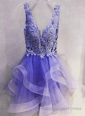 Purple Lace V-Neckline Short Homecoming Dress, Purple Short Prom Dress