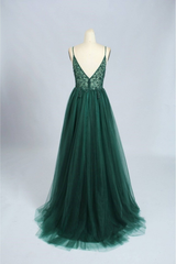 Emerald Green Tulle Prom Dress Beaded V Neck