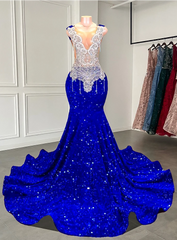 Mermaid Style Royal Blue Long Prom Dresses,Luxury Sparkly Crystals Diamond Black Girls