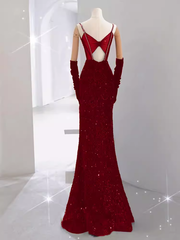 Mermaid Straps Sequin Red Backless Long Prom Dresses