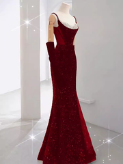 Mermaid Straps Sequin Red Backless Long Prom Dresses