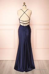 Sexy Mermaid Halter Sleeveless Navy Blue Long Prom Dresses