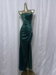 Vintage Sheath Spaghetti Straps Dark Green Vacation Dress Satin Birthday Dresses