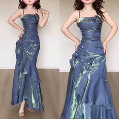 Mermaid Spaghetti Straps Prom Dresses Blue Party Dress