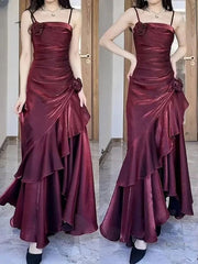 Wine Red Satin Long Straps Prom Dress Wine Red A-line Party Dress