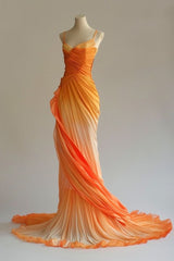 Retro A line Spaghetti Straps Orange Ombre Chiffon Long Evening Dress Prom Dresses