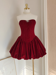 Sexy A Line Strapless Burgundy Velvet Ruffles Vacation Dresses Short Birthday Outfits