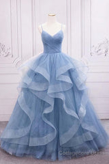 Shiny Blue Tulle A-Line Spaghetti Straps Long Prom Dresses