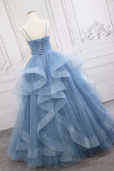 Shiny Blue Tulle A-Line Spaghetti Straps Long Prom Dresses