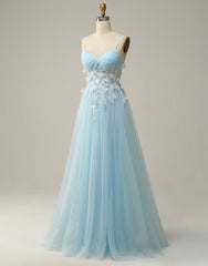 Sky Blue A-Line Spaghetti Straps Tulle Prom Dress With 3D Appliques