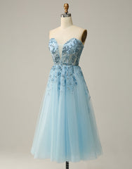 Sky Blue A-Line Tea Length Strapless Party Dress With Beading