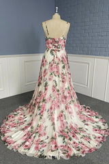 Stylish V Neck Backless Floral Pattern Long Prom Dress, V Neck Floral Pattern Formal Evening Dress