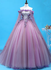 Light Purple Tulle Long Sweet 16 Gown, Flowers Quinceanera Dress