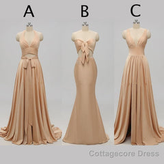 Elegant A-Line Sexy V Neck Gold Long Modest Side-Slit Bridesmaid Dress