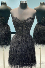 Black Lace Tight Short Homecoming Dress with Feathers