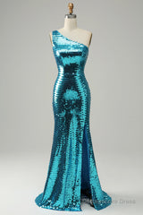 Sparkly Blue Sequins One Shoulder Long Prom Dress with Slit