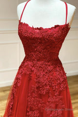 A Line Backless Red Lace Long Prom Dress, Long Red Lace Formal Dress, Red Evening Dress