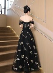 A-line Black Floral Tulle Floor Length Prom Dress, Off the Shoulder Evening Party Dress