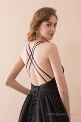 A-Line Black V-neck Satin Backless Trail Prom Dresses