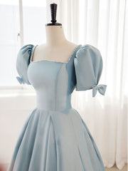 A-Line Blue Satin Puffy Sleeve Long Prom Dress, Blue Formal Dresses