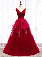 A-Line Burgundy Tulle V-neck Backless Beading Prom Dress