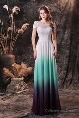 A Line Cap Sleeve Ombre Silk Floor Length Prom Dresses