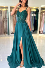 A-Line Chiffon Beaded Long Prom Dress, Dark Green Spaghetti Strap Evening Dress