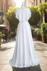 A-Line Chiffon Satin Ruffles Sheath V-Neck Long Bridesmaid Dress with Short Sleeves