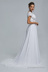 A-Line Chiffon V-Neck Applique Floor-Length Wedding Dresses