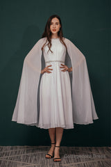 A-Line Crew Tea Length Chiffon Beaded Waist Mother of The Bride Dresses