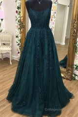 A Line Dark Green Tulle Lace Long Prom Dress, Dark Green Lace Formal Graduation Evening Dress