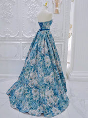 A-Line Flower Satin Blue Long Prom Dress, Blue Long Formal Dress