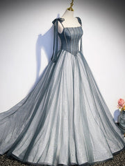 A Line Gray Long Prom Dresses, Tulle Gray Formal Graduation Dress with Beading