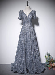 A-Line Gray Sequins V-neck Prom Dress