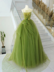 A-Line Green Tulle Long Prom Dress, Green Tulle Long Evening Dress