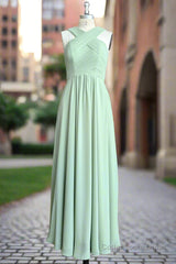 A Line Halter Chiffon Green Pleated Long Bridesmaid Dress