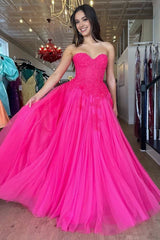 A-Line Hot Pink Tulle Lace StraplessLong Prom Dress