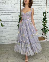 A-line Lilac Tea Length Tulle Prom Dress with Embroidery