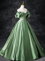 A-Line Off Shoulder Satin Green Long Prom Dress, Green Long Formal Dress