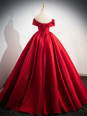 A-Line Off Shoulder Satin Red Long Prom Dress, Red Long Evening Dress