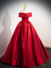 A-Line Off Shoulder Satin Red Long Prom Dress, Red Long Evening Dress