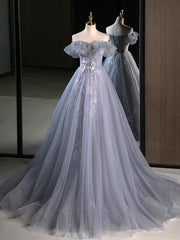 A-Line Off Shoulder Tulle Lace Gray Blue Long Prom Dress, Gray Blue Long Formal Dress