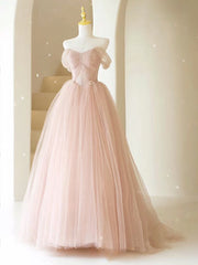 A-Line Off Shoulder Tulle Lace Pink Long Prom Dress, Pink Long Formal Dress