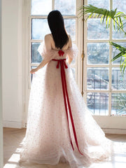 A-Line Off Shoulder Tulle Light Pink Long Prom Dress, Long Formal Dress