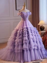 A-Line Off Shoulder Tulle Purple Long Prom Dress, Purple Long Evening Dress