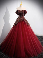 A-Line Off Shoulder Tulle Sequin Burgundy Long Prom Dress, Burgundy Evening Dress