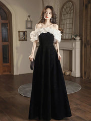 A-Line Off Shoulder Velvet Black Long Prom Dress, Black Long Evening Dress