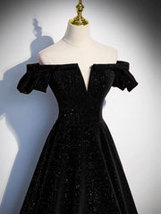 A-Line Off Shoulder Velvet Black Long Prom Dresses, Black Formal Evening Dress